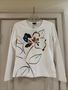Escada White Long Sleeve Tee with Multicolor Floral Graphic